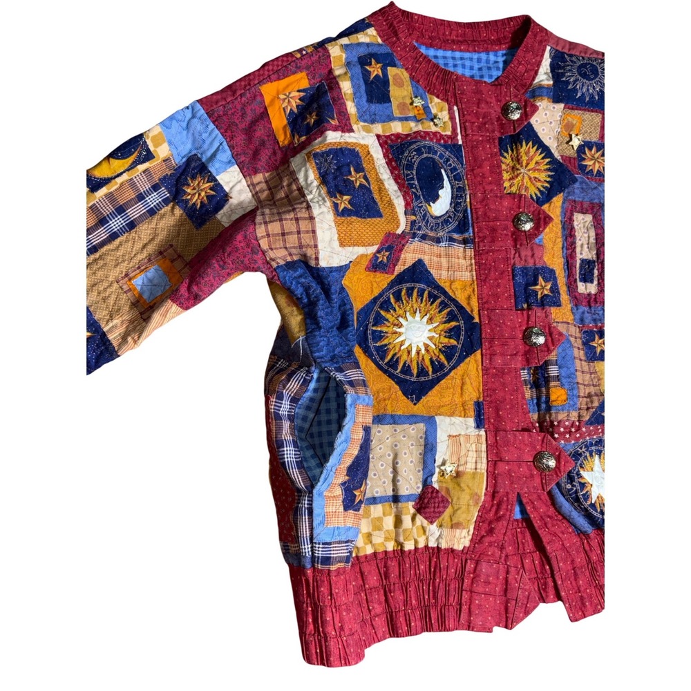 VTG Quilted Patchwork Celestial Jacket XL Sun Moon Stars Wearable Art Whimsigoth - Picture 10 of 13